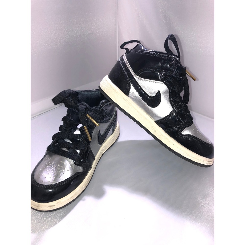 Nike Air Jordan 1 Mid Metallic Silver Patent Black Gold FZ3937-001 Kids 12C